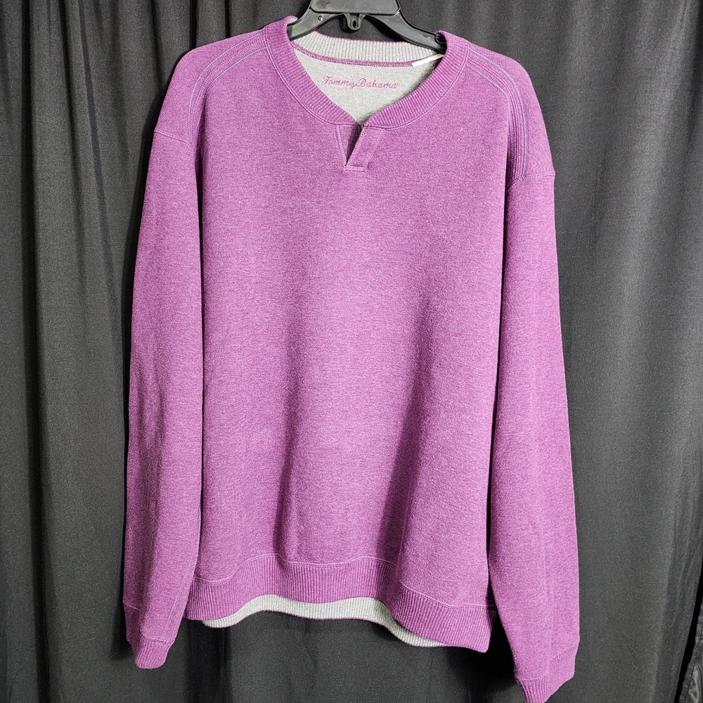 Tommy Bahama Mens Split Neck Cotton Pullover Sweater Purple Marl Logo XL
